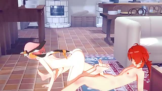 Genshin Impact Hentai - Diluc and Diona Footjob and rubbing their way ass until Diluc cums - Japanese Asian Manga Anime Film Fun Porn